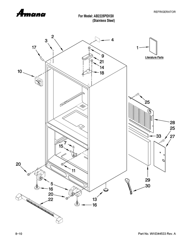 Cabinet Parts Diagram and Parts List for AB2225PEKS8  Amana Refrigerator