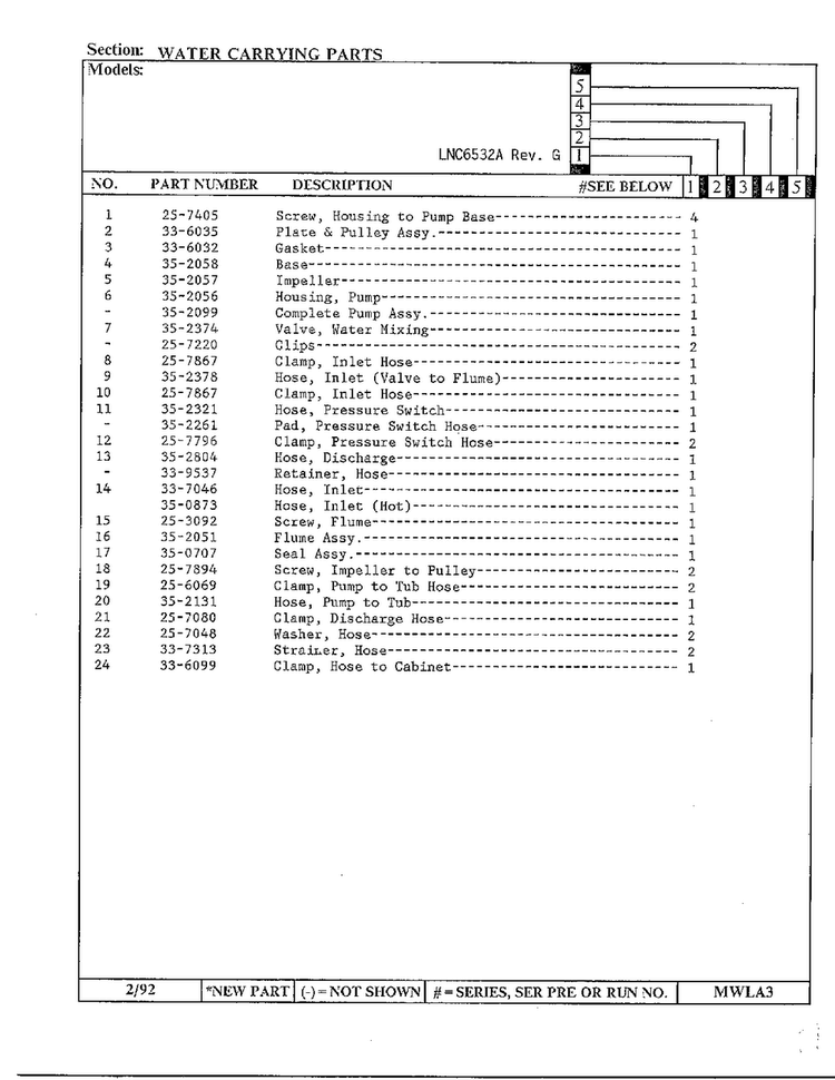 Water Carrying Parts Page 2 Diagram and Parts List for 6532A REV G Norge Washer