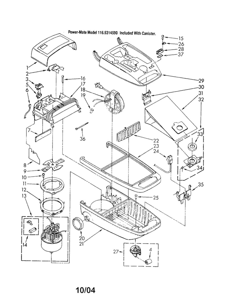Canopy/body/wheels Diagram and Parts List for 1162324390  Kenmore Canister Vacuum