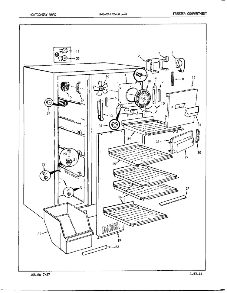 Freezer Compartment Diagram and Parts List for 24472A  Admiral Refrigerator