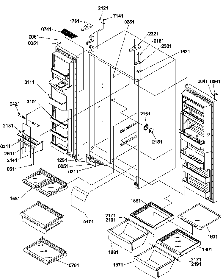 Refrigerator/freezer Shelves, Lights,and Hinges Diagram and Parts List for SRD520TW-P1313101WW  Amana Refrigerator