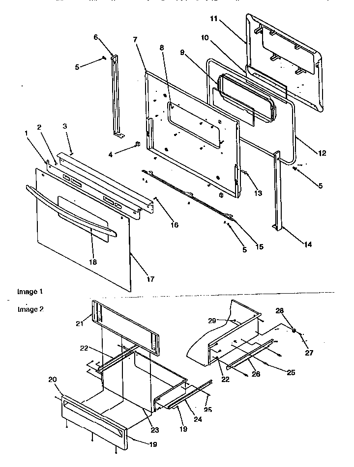 Oven Door And Storage Drawer Diagram and Parts List for ART6110LL P1143449LL Amana Range