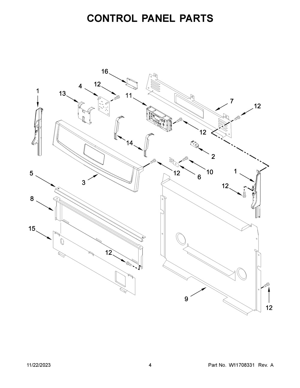 Control Panel Parts Diagram and Parts List for AGR6603SMS1  Amana Range