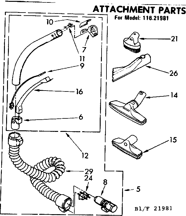 Attachment Parts Diagram and Parts List for 11621981  Kenmore Canister Vacuum