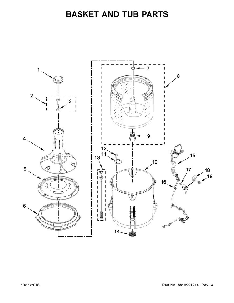 Basket And Tub Parts Diagram and Parts List for CAW9352EW2  Crosley Washer
