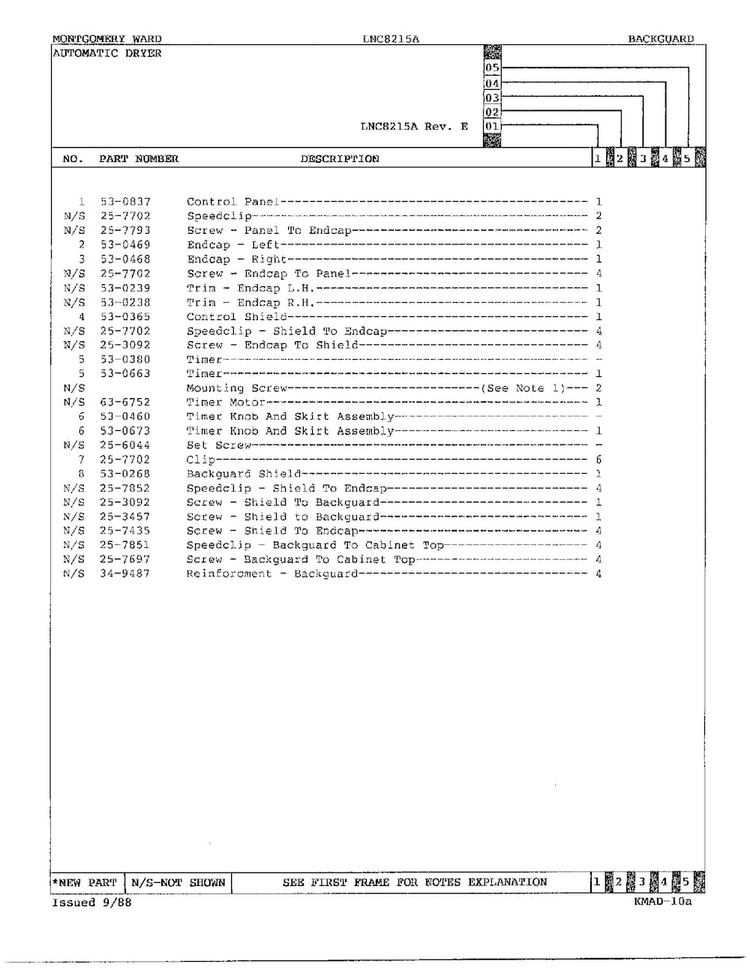 Backguard/explanation Of Notes Page 3 Diagram and Parts List for 8215A REV A Norge Dryer