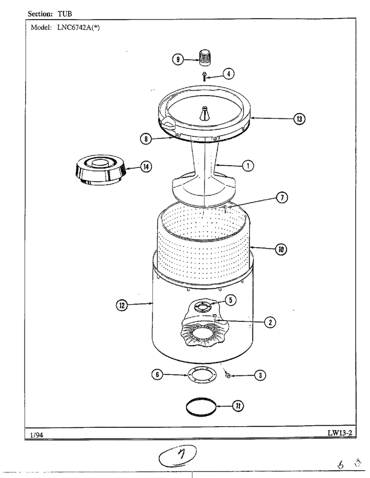 Tub Diagram and Parts List for 6742A  Norge Washer