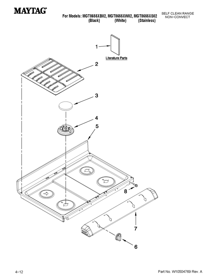 Cooktop Parts Diagram and Parts List for MGT8655XW02  Maytag Range