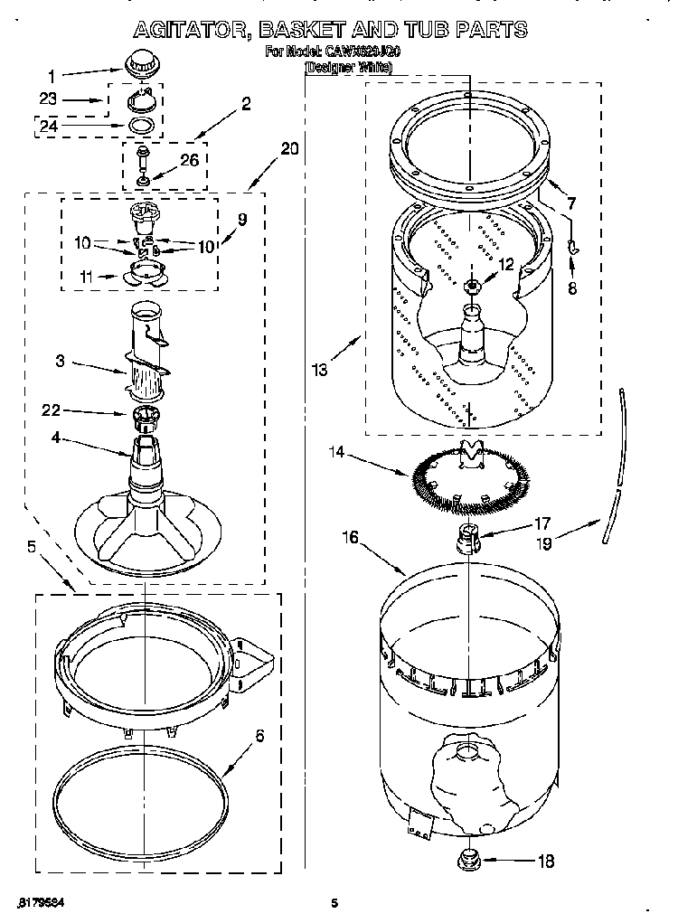 Agitator, Basket And Tub Diagram and Parts List for CAWX629JQ0  Crosley Washer