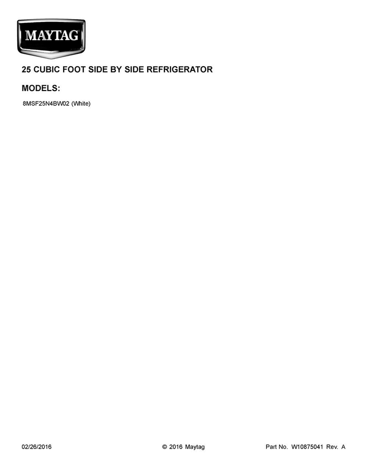 Cover Sheet Diagram and Parts List for 8MSF25N4BW02  Maytag Refrigerator