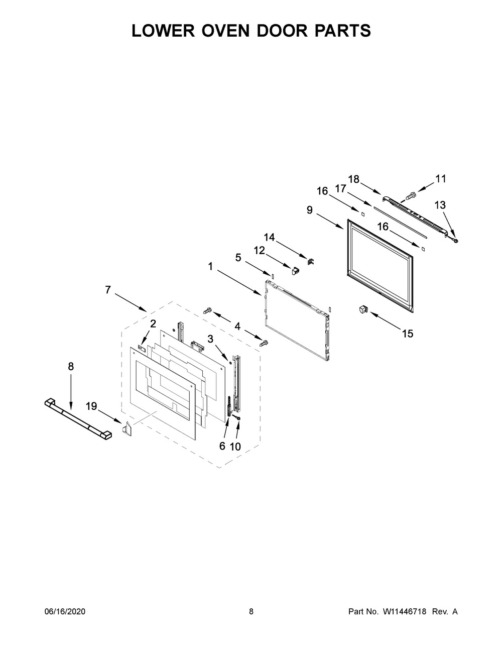 Lower Oven Door Parts Diagram and Parts List for JJW3830IL01  Maytag Range