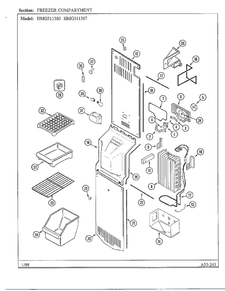 Freezer Compartment Diagram and Parts List for HMG511387  Admiral Refrigerator
