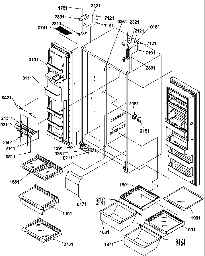 Refrigerator/freezer Shelves, Light, And Hinges Diagram and Parts List for SBDE520SW-P1185202WW  Amana Refrigerator