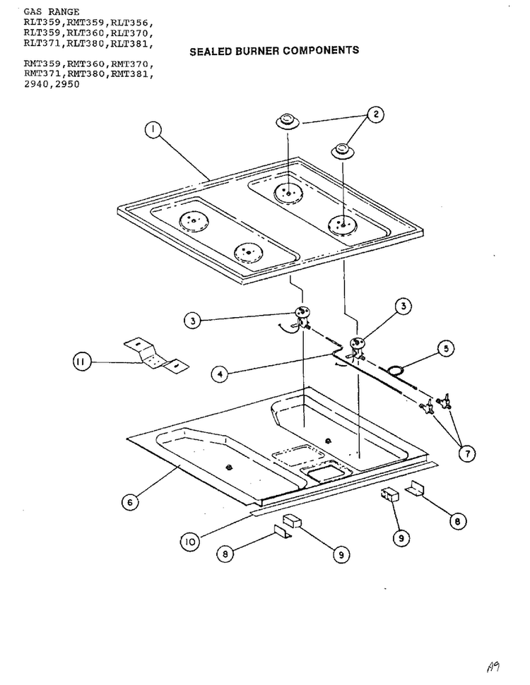 Sealed Burner Components Diagram and Parts List for RLT360  Amana Range