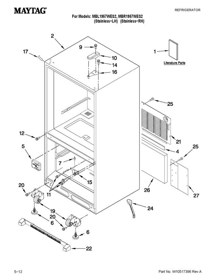 Cabinet Parts Diagram and Parts List for MBR1957WES2  Maytag Refrigerator