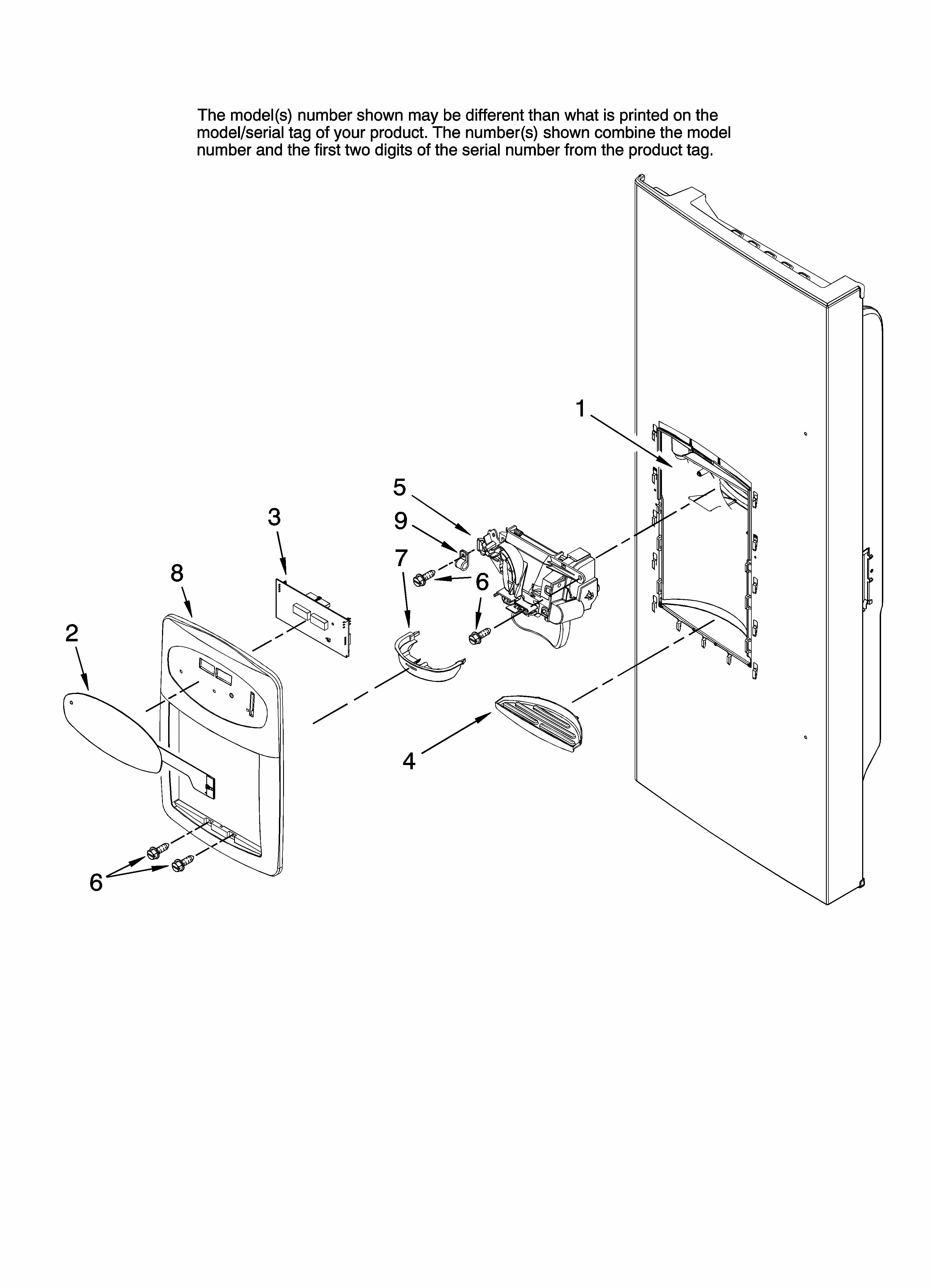 Dispenser Front Parts Diagram and Parts List for MFI2266AES11  Maytag Refrigerator