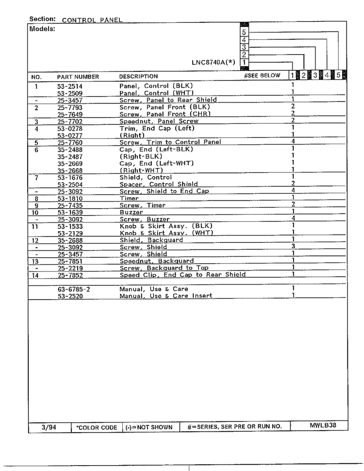 Control Panel Page 2 Diagram and Parts List for 8740A  Norge Dryer