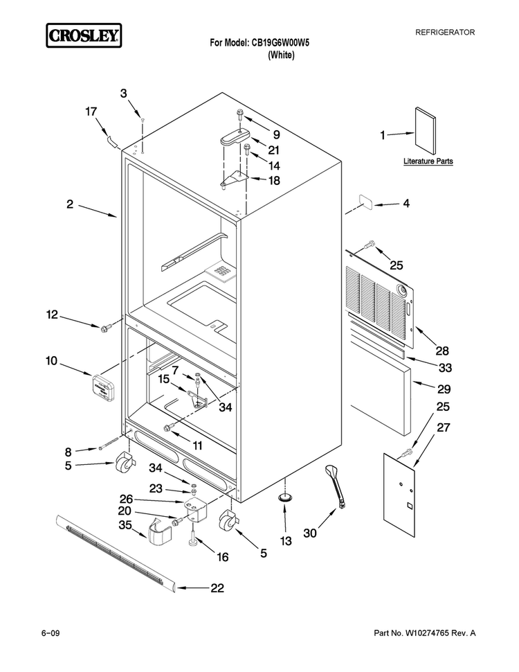 Cabinet Parts Diagram and Parts List for CB19G6W00W5  Crosley Refrigerator