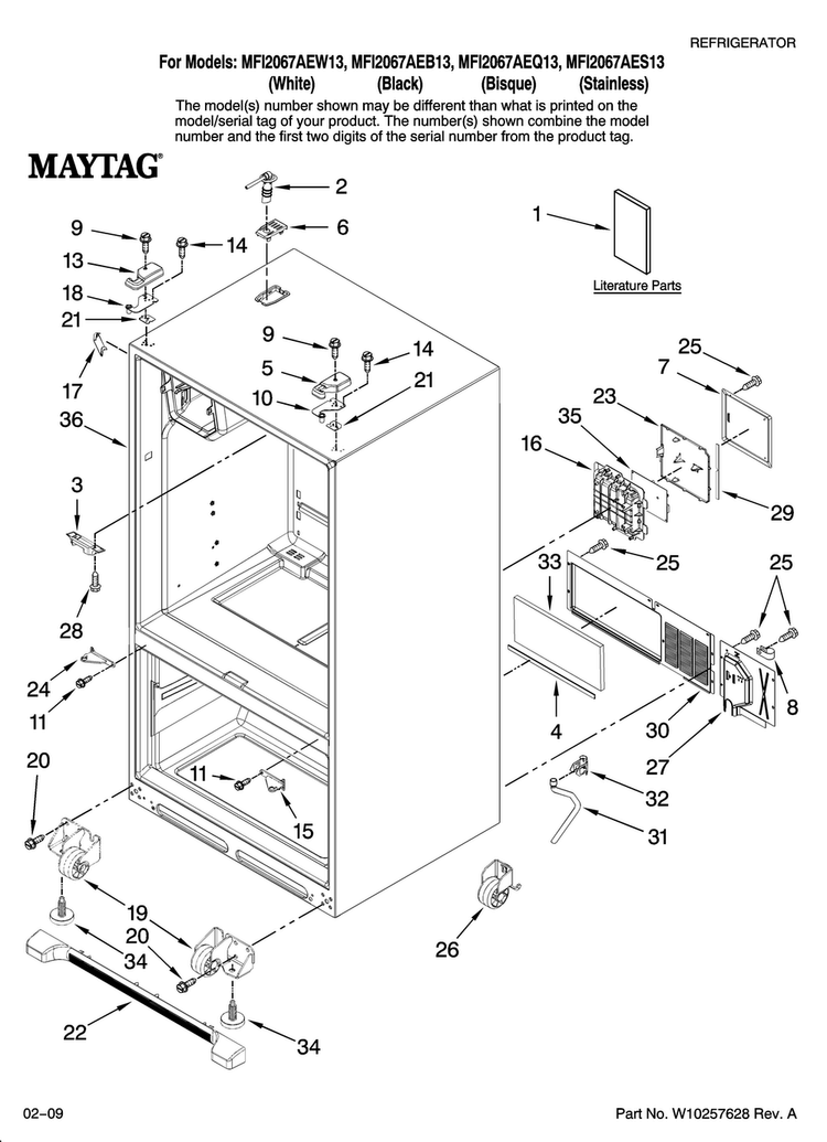 Cabinet Parts Diagram and Parts List for MFI2067AEW13  Maytag Refrigerator