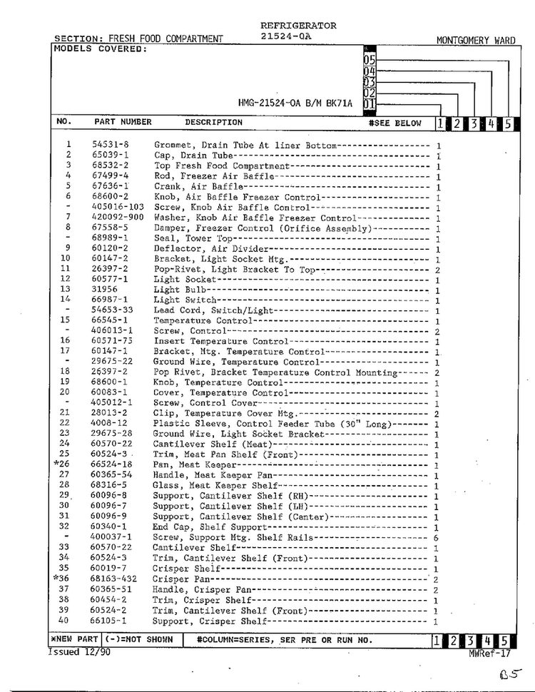 Fresh Food Compartment Page 2 Diagram and Parts List for 21524-0A  Admiral Refrigerator