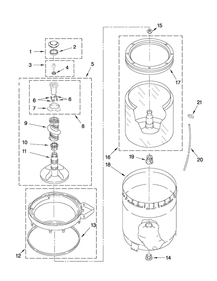 Agitator, Basket And Tub Parts Diagram and Parts List for NTW5100XQ0  Amana Washer