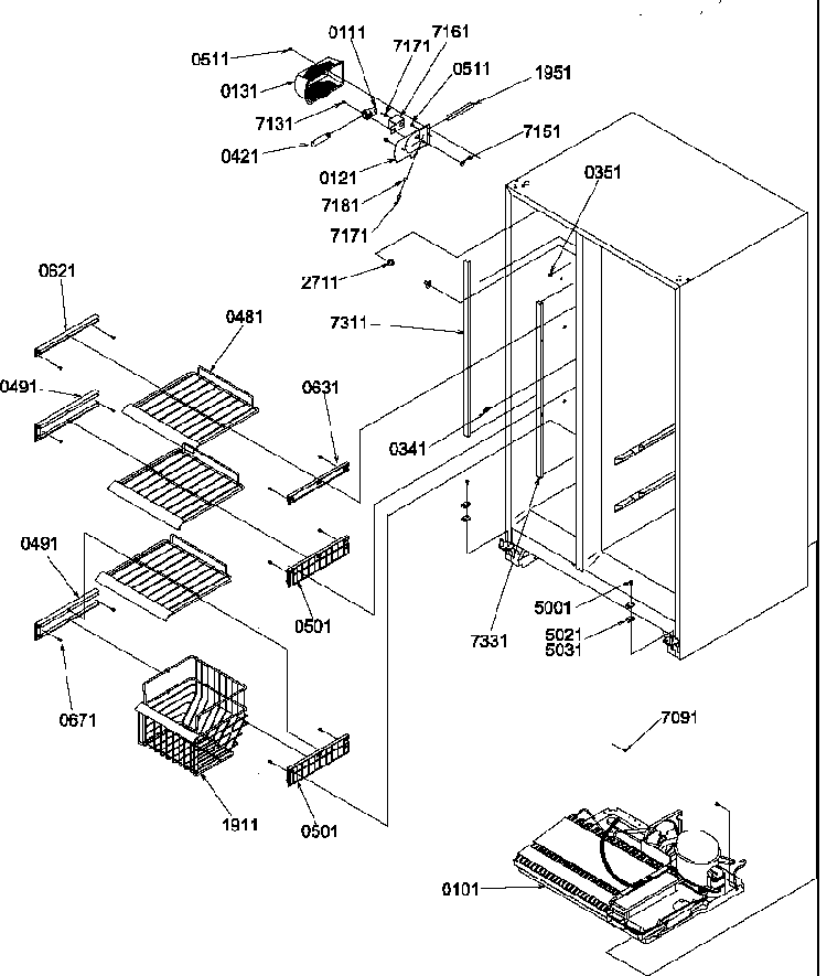Freezer Shelves And Light Diagram and Parts List for SXD520SL-P1182402WL  Amana Refrigerator