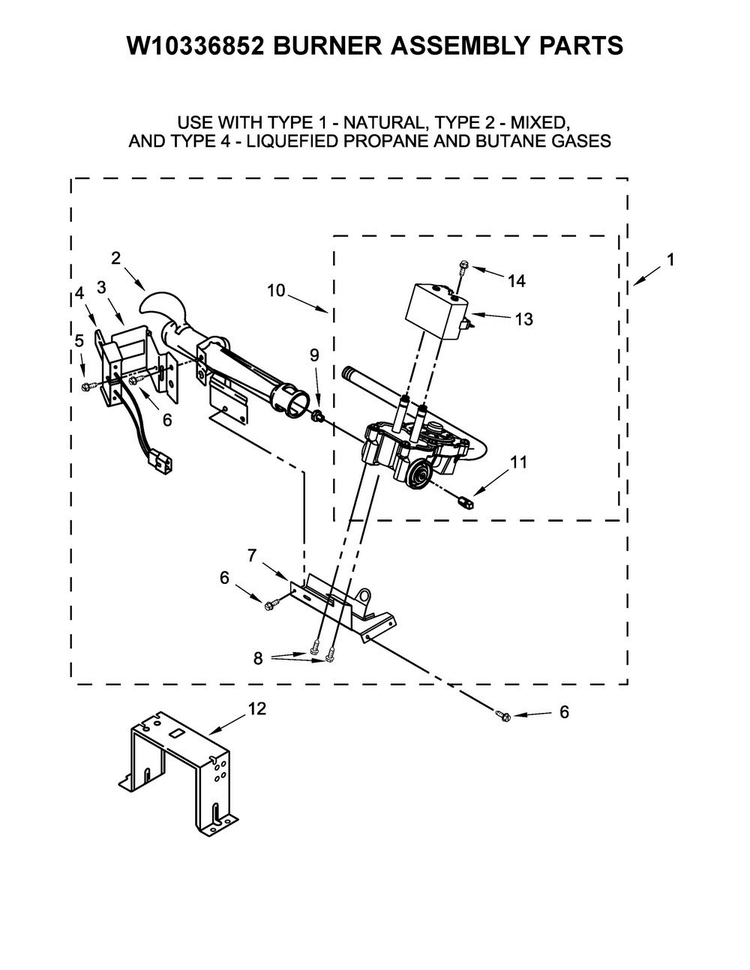 W10336852 Burner Assembly Parts Diagram and Parts List for MGDX6STBW0  Maytag Dryer