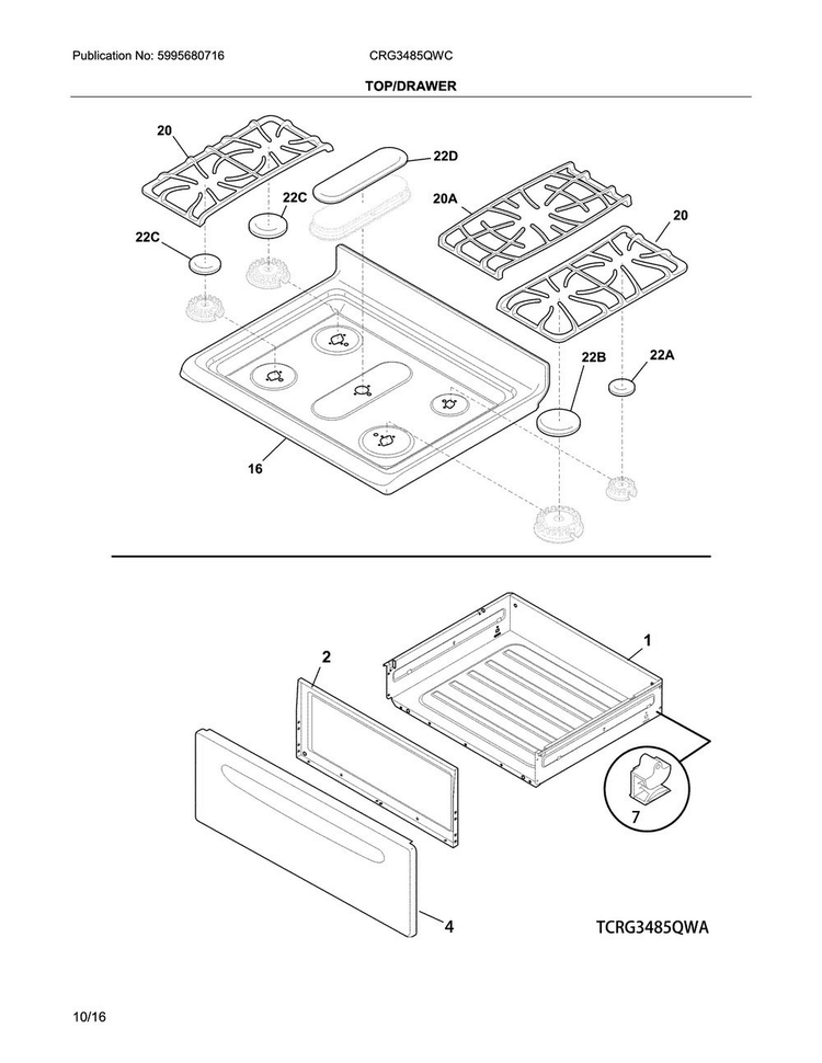 Top/drawer Diagram and Parts List for CRG3485QWC  Crosley Range