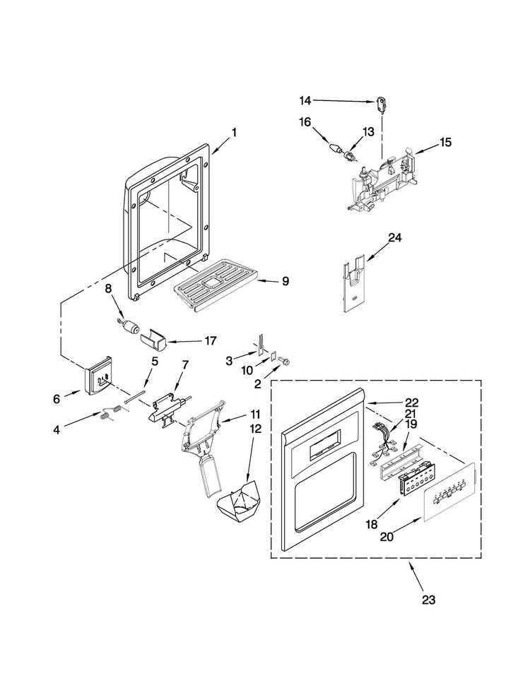 Dispenser Front Parts Diagram and Parts List for MSD2272VES01  Maytag Refrigerator