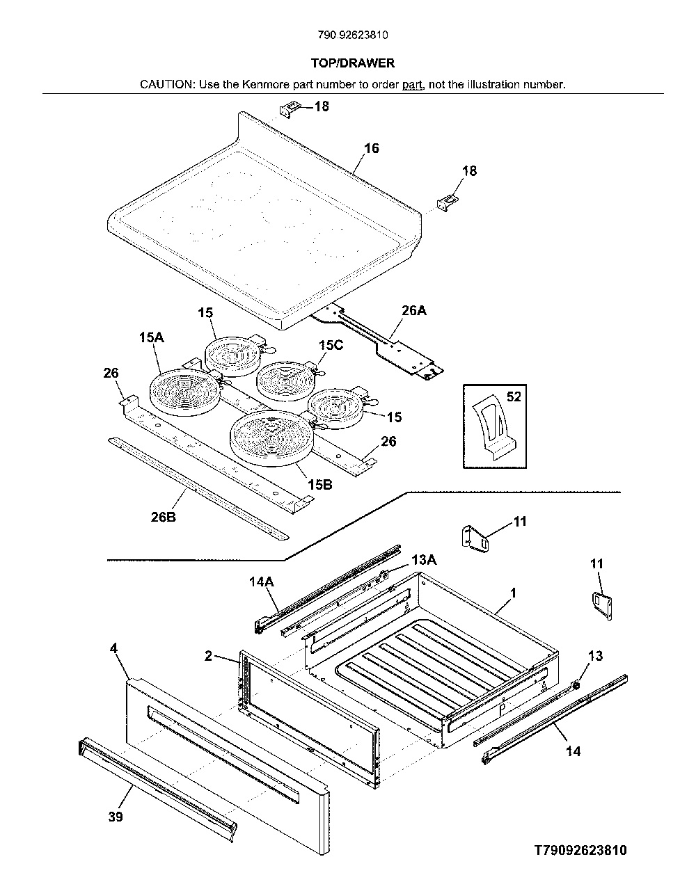 Top/Drawer Diagram and Parts List for 79092623810  Kenmore Range