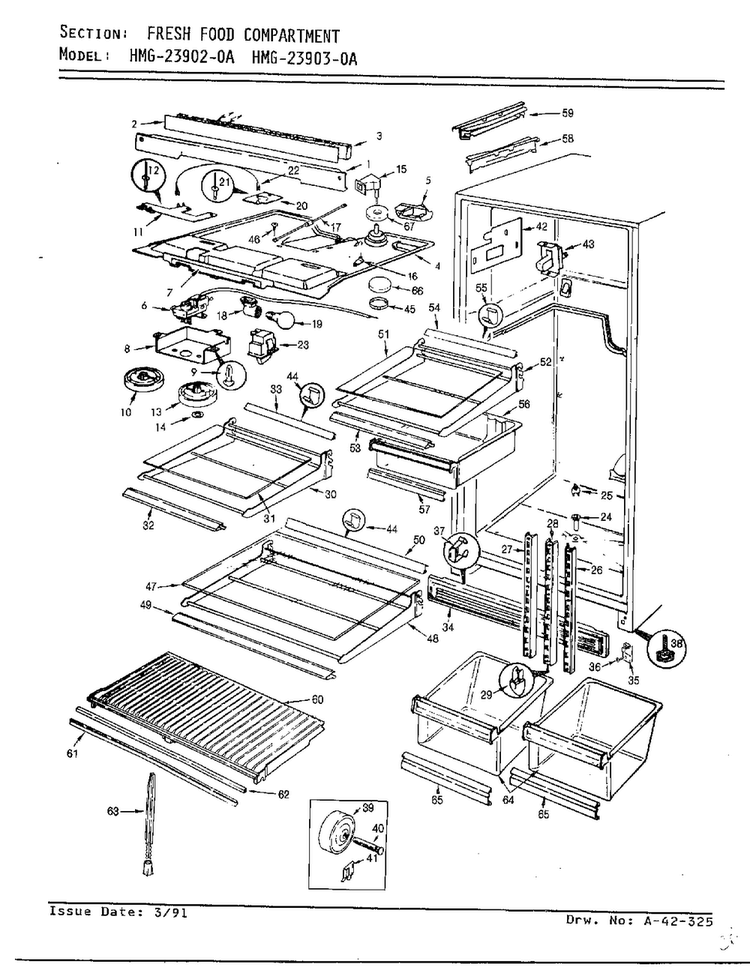 Fresh Food Compartment Diagram and Parts List for 23903-0A  Admiral Refrigerator