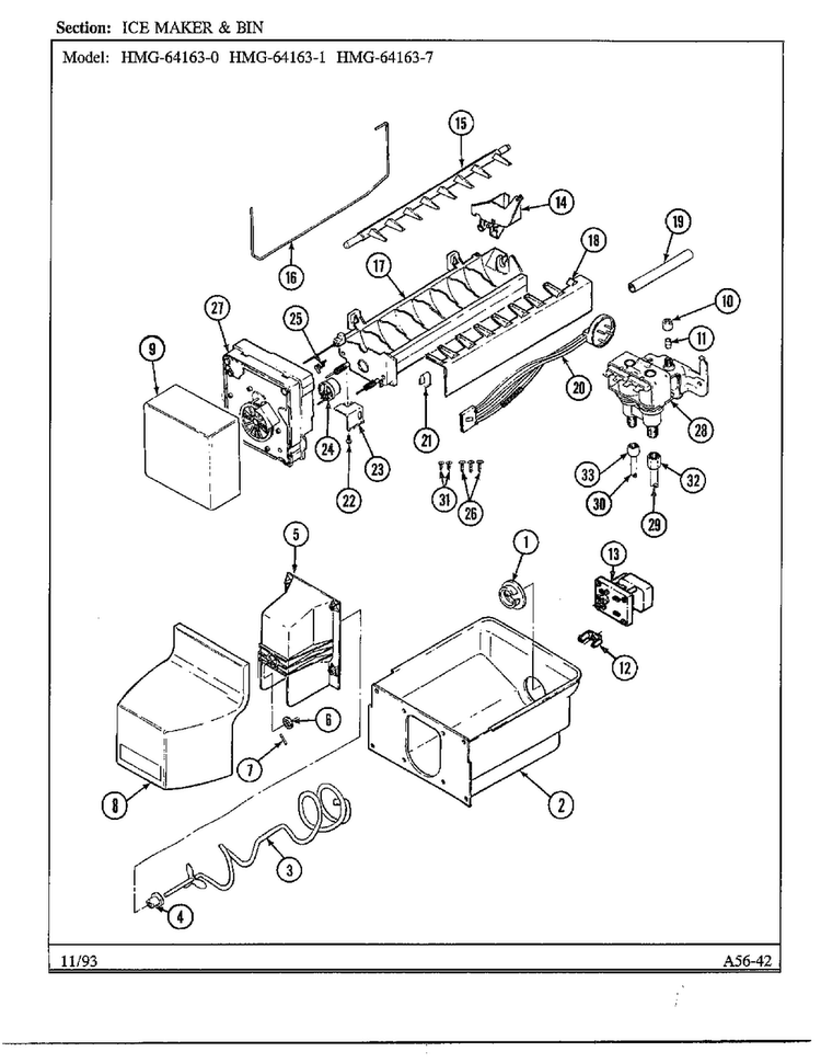 Ice Maker And Bin Diagram and Parts List for 64163-0A  Admiral Refrigerator