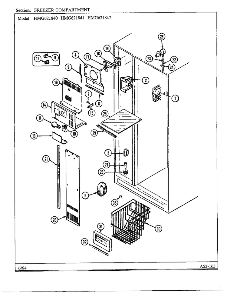 Freezer Compartment Diagram and Parts List for 621841  Admiral Refrigerator