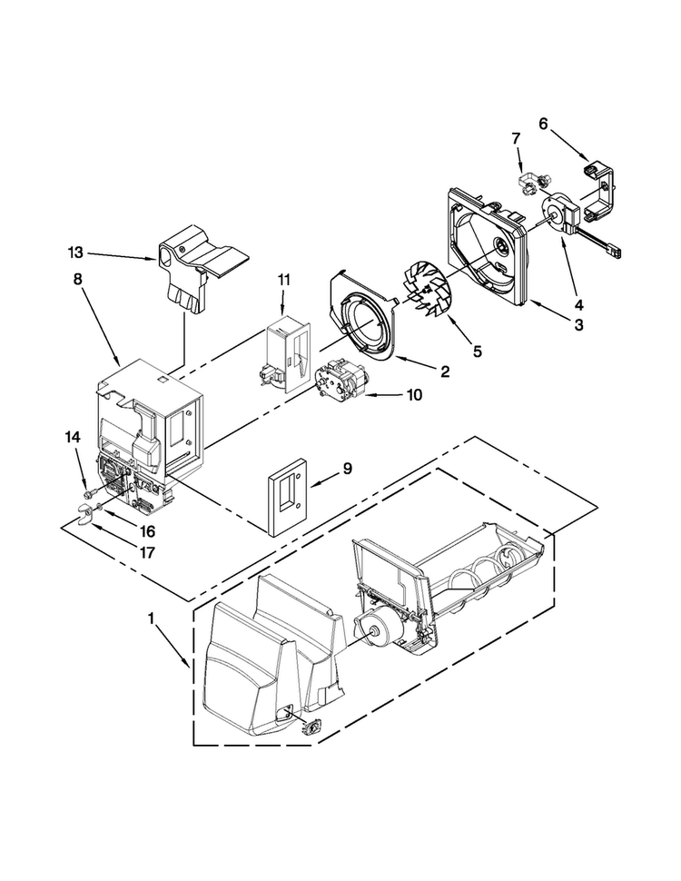 Motor And Ice Container Parts Diagram and Parts List for JFI2089AEP12  Jenn-Air Refrigerator