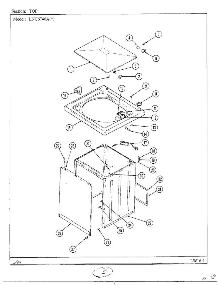 Top Diagram and Parts List for 6746A  Norge Washer