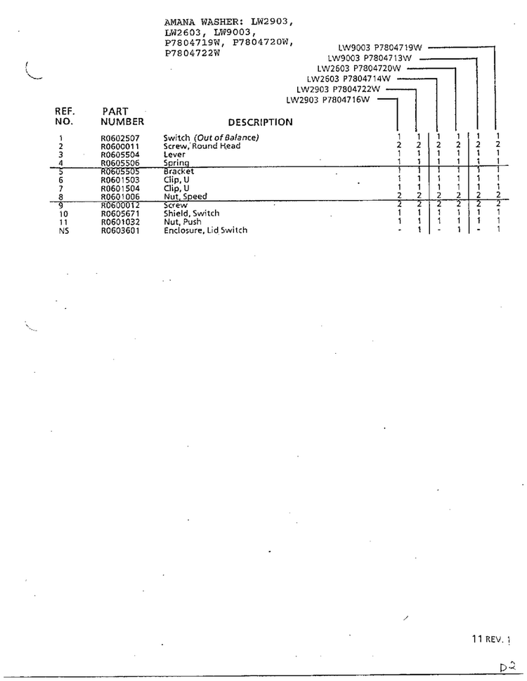 Switch And Bracket Assembly Page 2 Diagram and Parts List for P7804719W  Amana Washer