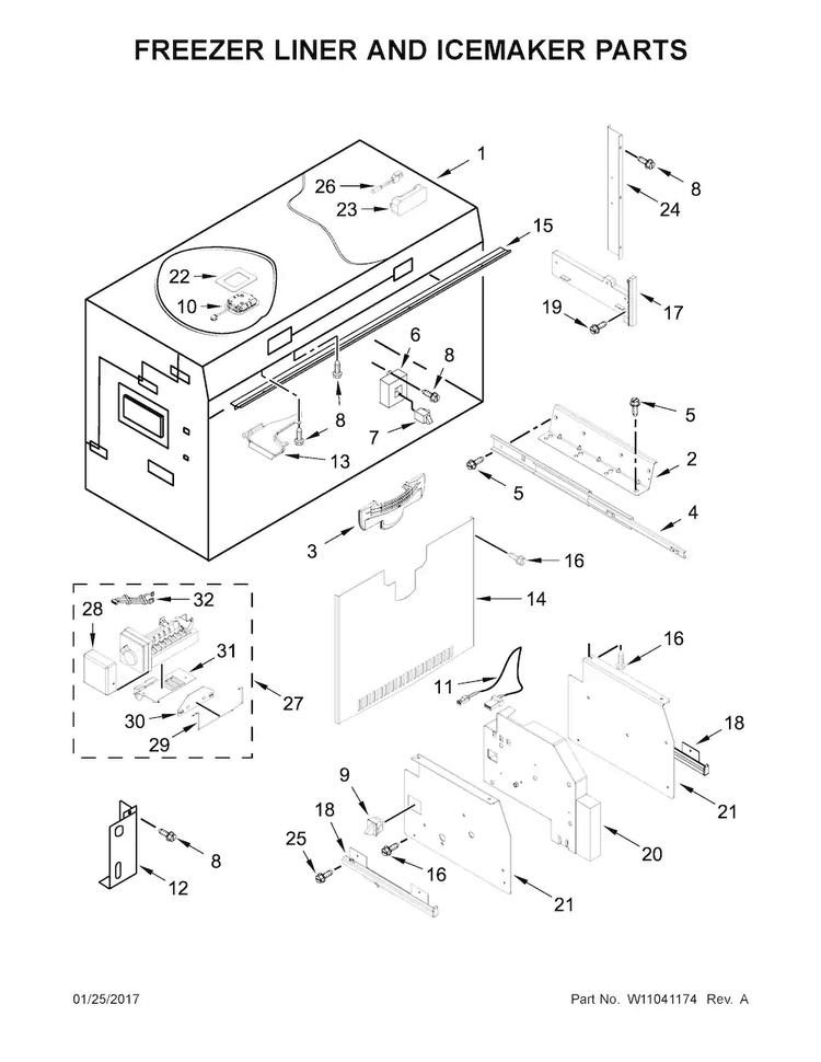 Freezer Liner And Icemaker Parts Diagram and Parts List for JF36NXFXDE01  Jenn-Air Refrigerator