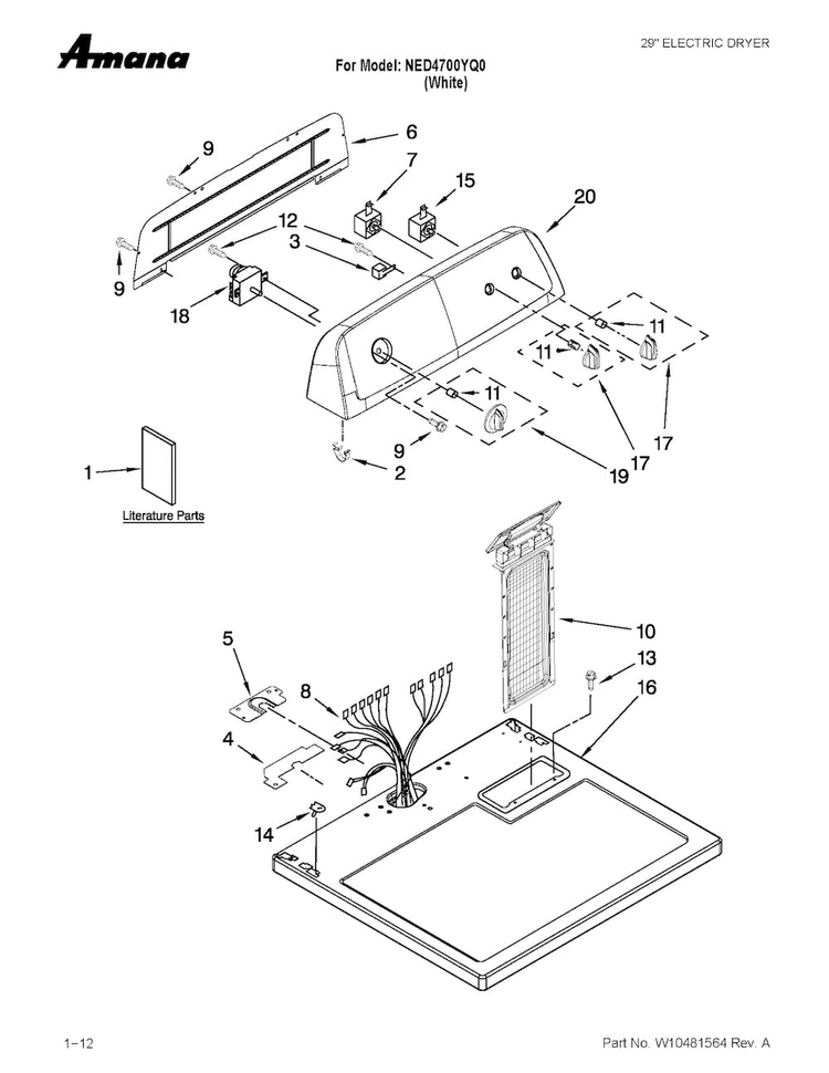 Top And Console Parts Diagram and Parts List for NED4700YQ0  Amana Dryer