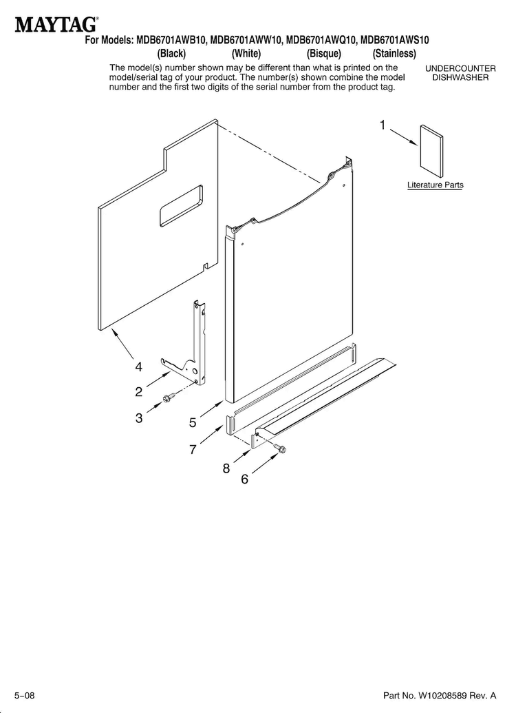 Door And Panel Parts Diagram and Parts List for MDB6701AWQ10  Maytag Dishwasher