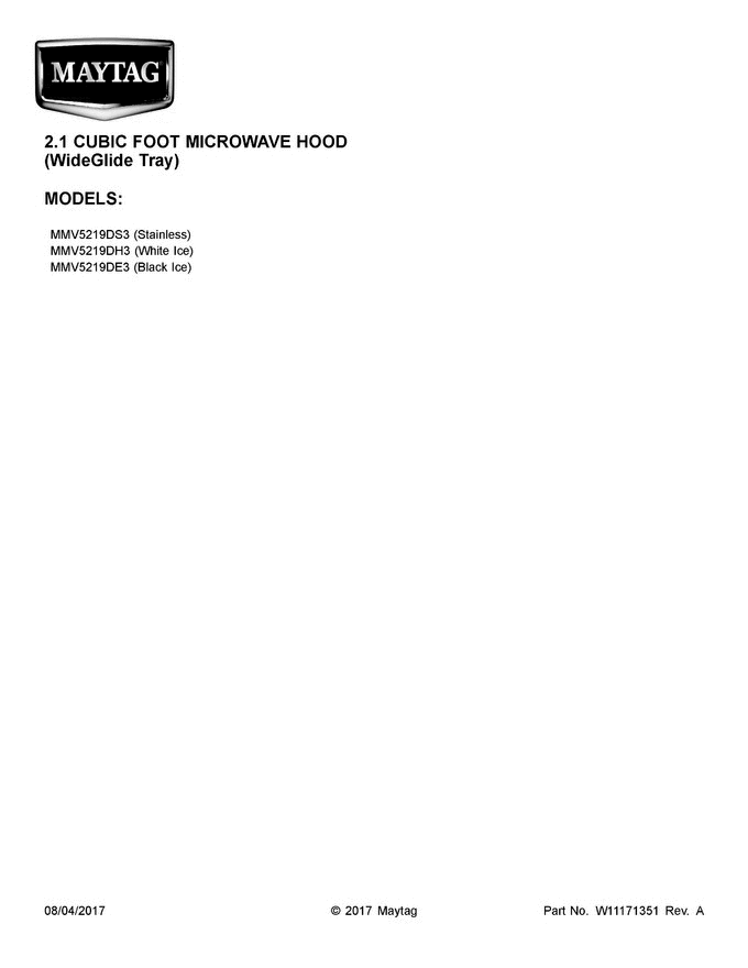 01 - Cover Sheet Diagram and Parts List for MMV5219DE3  Maytag Microwave Oven Combo