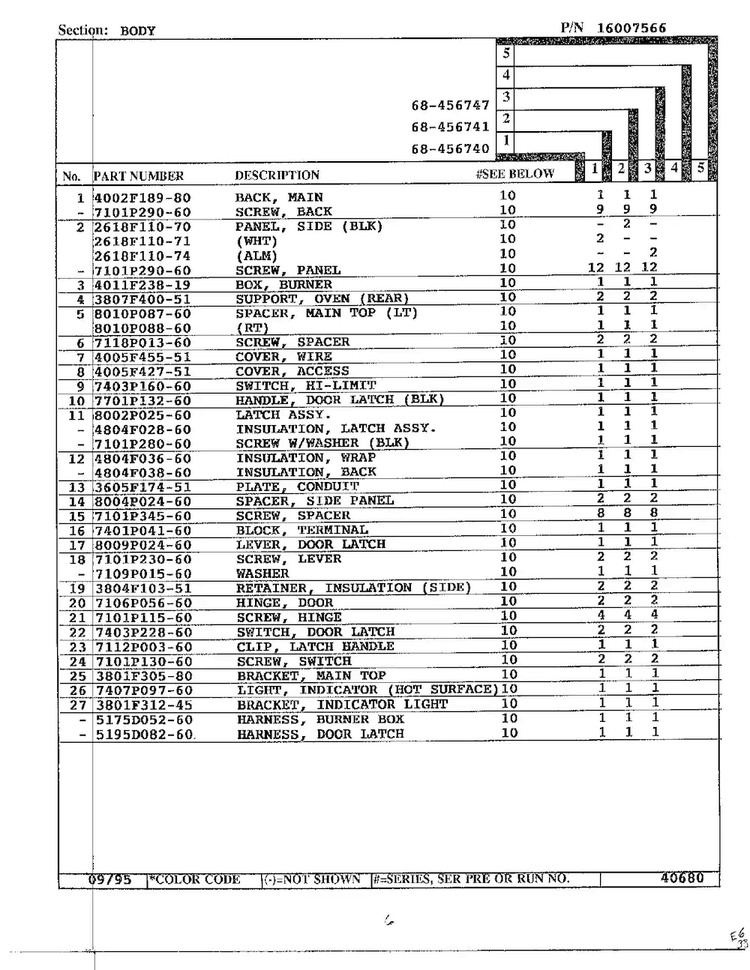 Body Page 2 Diagram and Parts List for 68-4567-40  Magic Chef Range