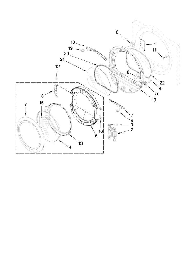 Door Parts Diagram and Parts List for MEDE500VW1  Maytag Dryer