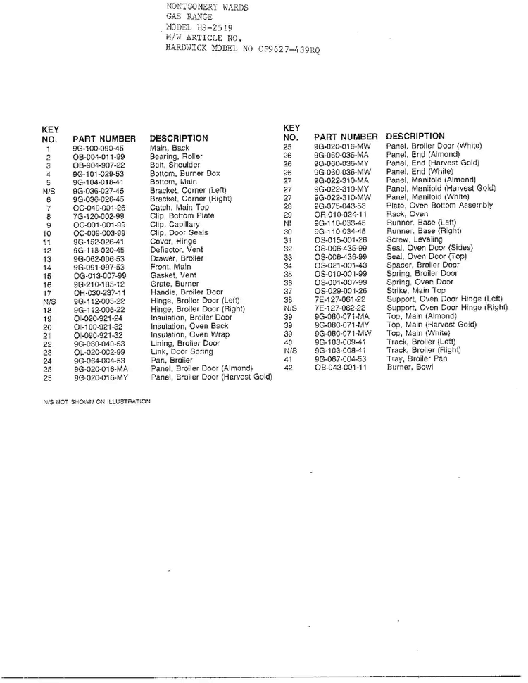 Gas Range Page 4 Diagram and Parts List for CF9627-439RQ  Hardwick Range