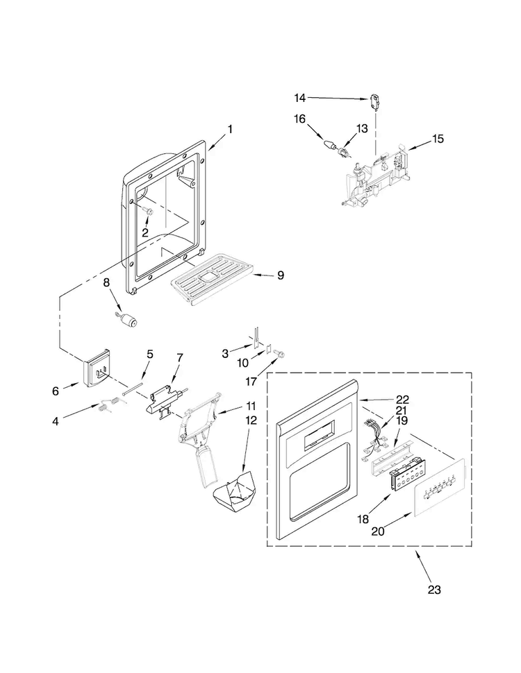 Dispenser Front Parts Diagram and Parts List for MSD2572VEB00  Maytag Refrigerator