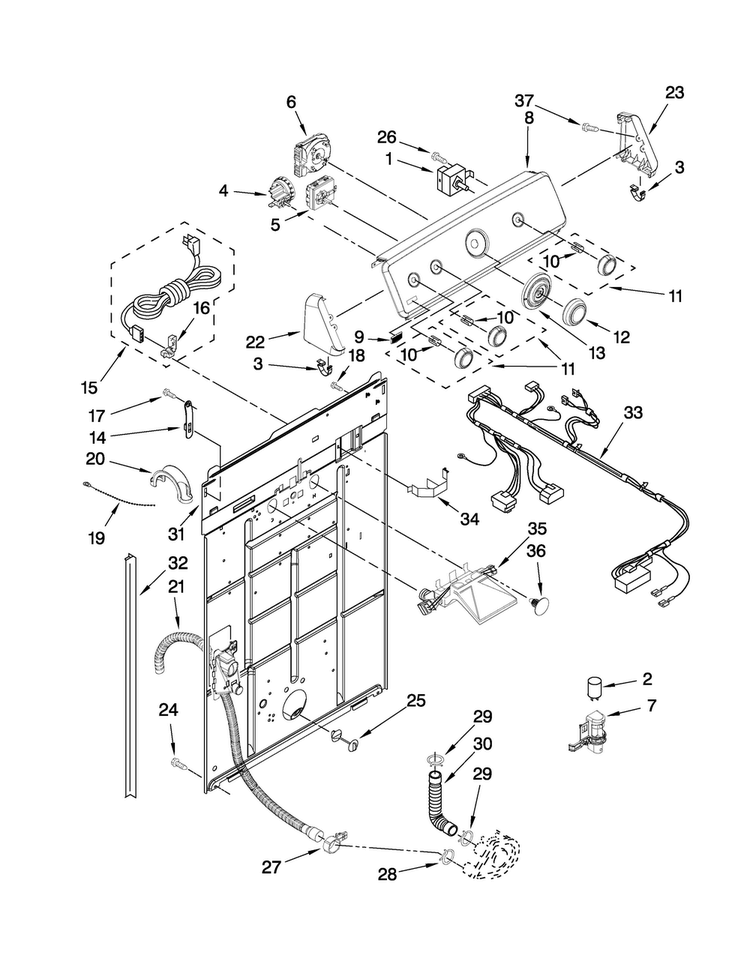 Controls And Rear Panel Parts Diagram and Parts List for MVWC450WW0  Maytag Washer
