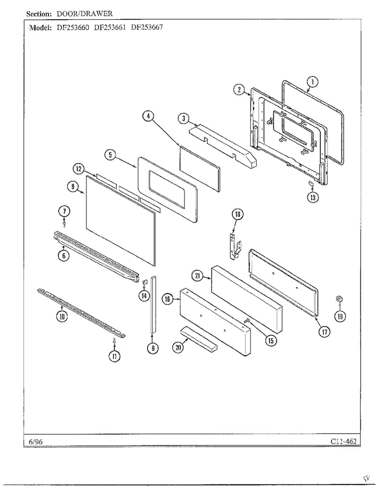 Door/drawer Diagram and Parts List for DF253660  Magic Chef Range