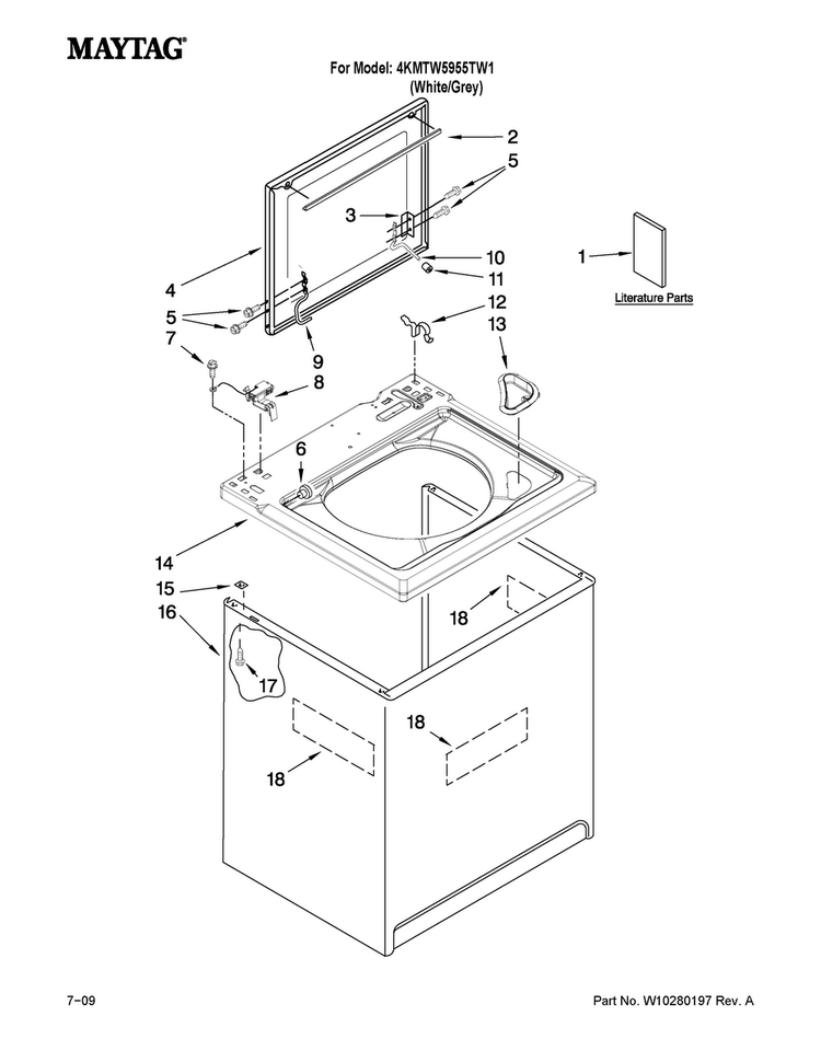 Top And Cabinet Parts Diagram and Parts List for 4KMTW5955TW1  Maytag Washer