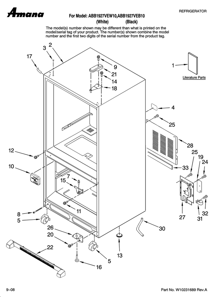 Cabinet Parts Diagram and Parts List for ABB1927VEW10  Amana Refrigerator