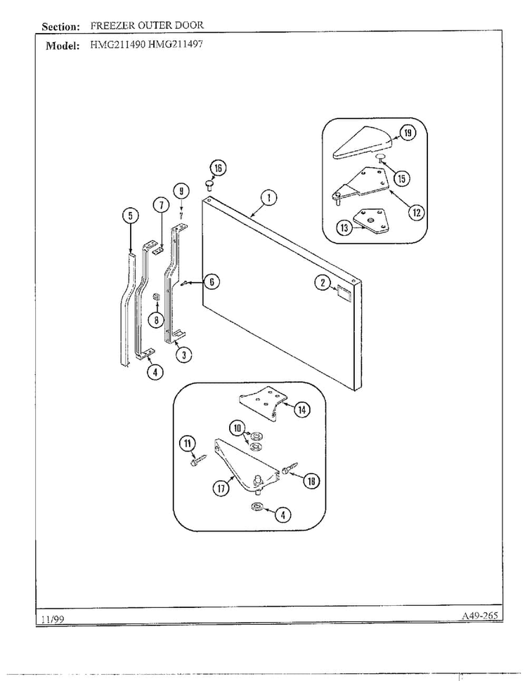Freezer Outer Door Diagram and Parts List for HMG211490  Admiral Refrigerator