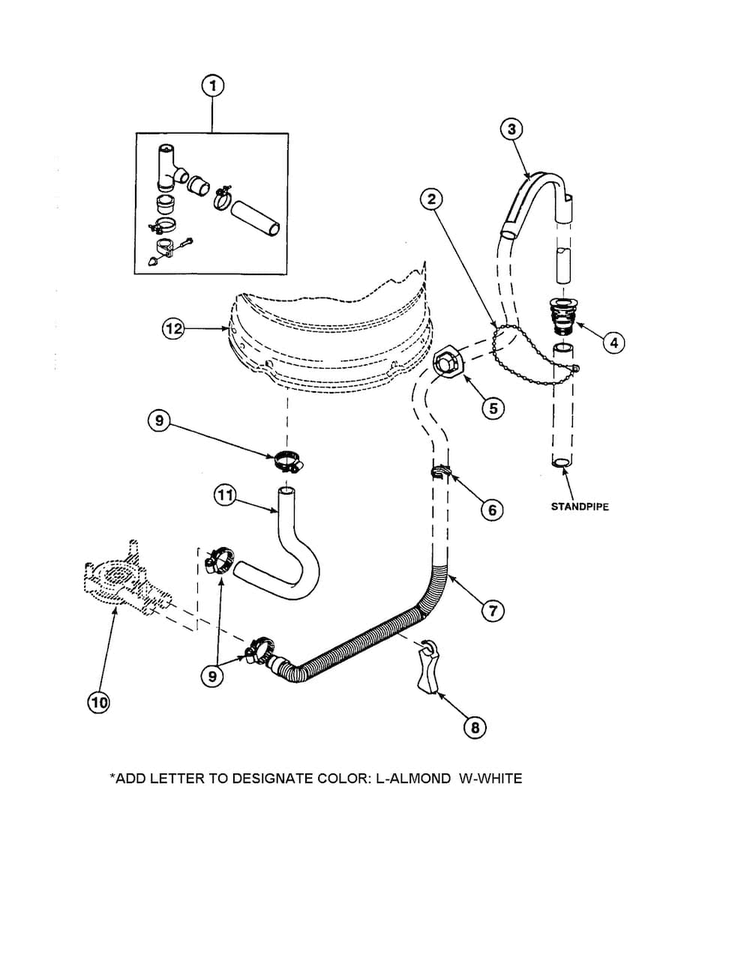 Drain Hose And Siphon Break Diagram and Parts List for CW8413W2-PCW8413W2B  Crosley Washer